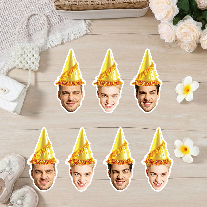 Party Hat Cone - 20/30 ชิ้น สติกเกอร์รูปหน้าคนสั่งทำพิเศษ พร้อมหมวกโคนสีทอง สติกเกอร์รูปภาพสั่งทำ สำหรับของชำร่วยงานปาร์ตี้และตกแต่ง