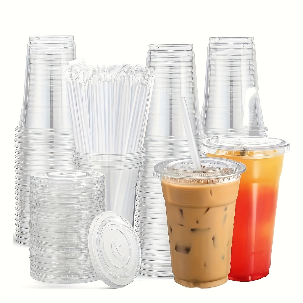 Event & Party Supply - แก้วพลาสติกใส มีฝาปิดแบบแบนและหลอด สามารถนำกลับมาใช้ซ้ำได้ เหมาะสำหรับใส่ไอศกรีม กาแฟเย็น งานเทศกาล