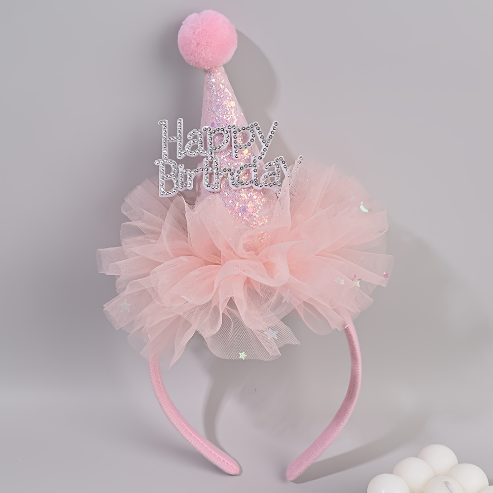 Party Hat Cone - ที่คาดผมประดับเพชรเทียมสำหรับวันเกิดเจ้าหญิง หมวกทรงกรวยผ้าทูลล์ประดับปอมปอมกลิตเตอร์แวววาว สำหรับงานปาร์ตี้ ถ่ายภาพ ฮาโลวีน และคริสต์มาส