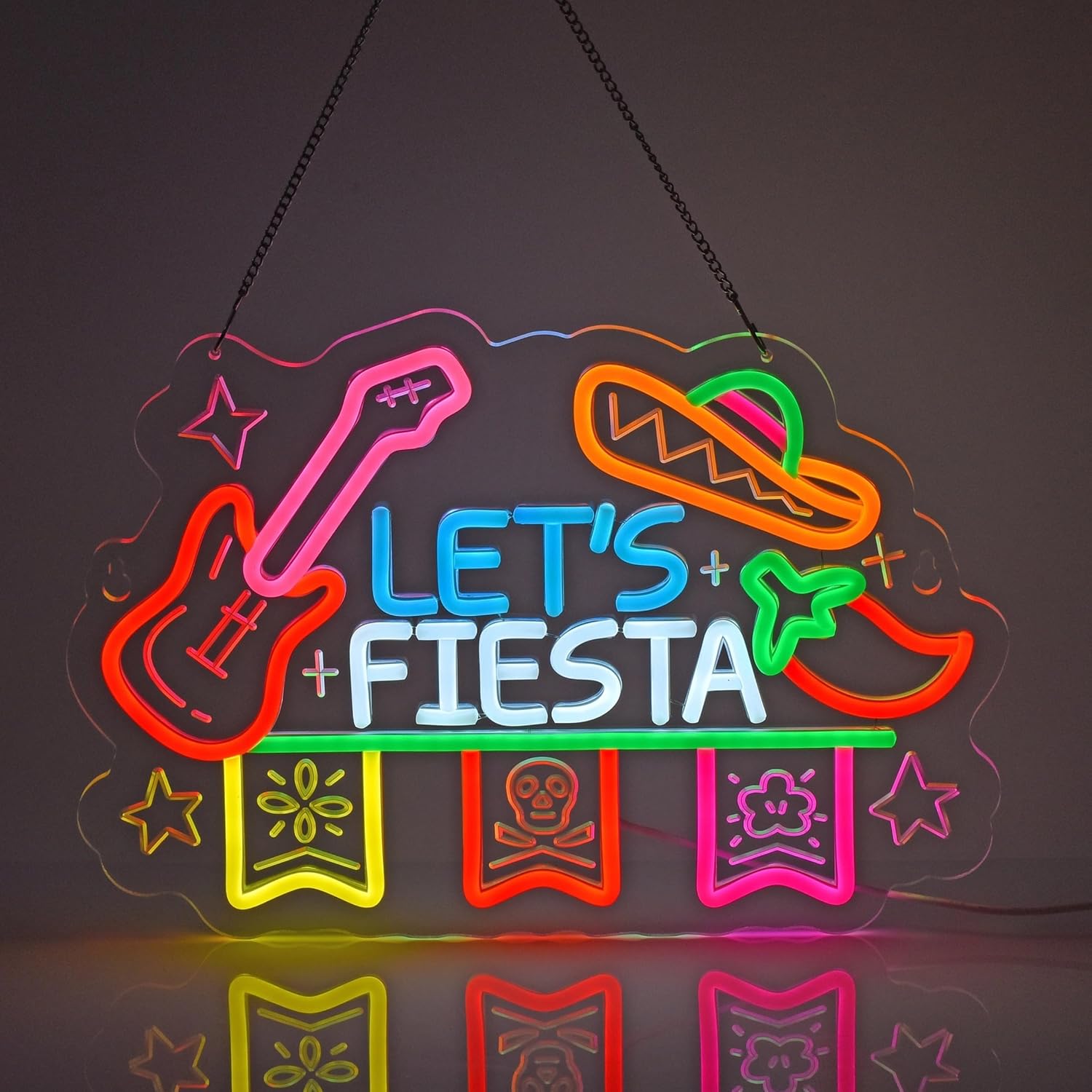 Neon Sign Party - ป้ายไฟนีออน Let's Fiesta, ของตกแต่งผนังไฟนีออน สำหรับร้านอาหารเม็กซิกัน บาร์ละติน