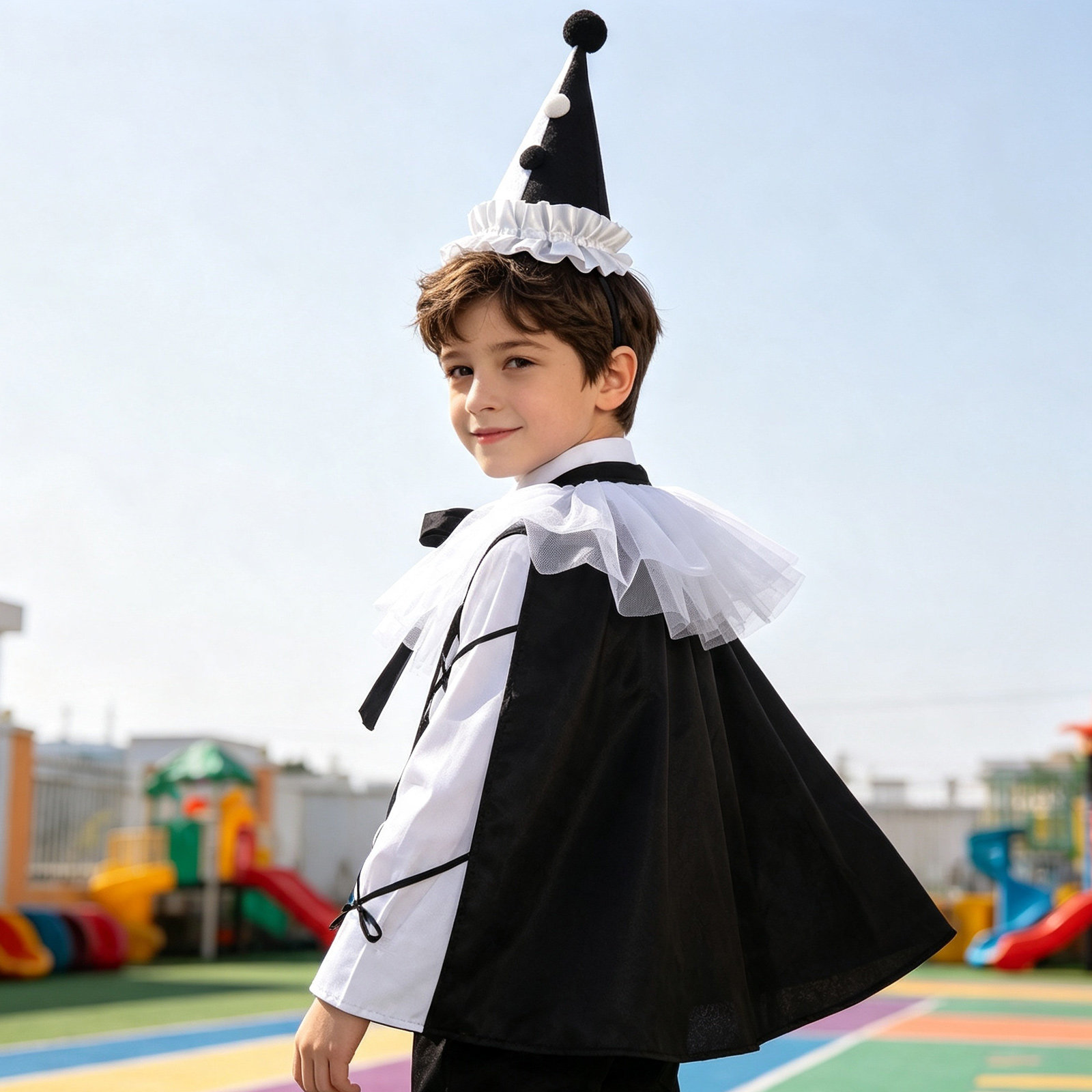 Party Hat Cone - ชุดแต่งกายตัวตลก 1 ชุด ประกอบด้วยหมวกทรงกรวย ปกคอเสื้อลายจุด และผ้าคลุมไหล่